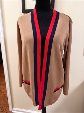 Anne Klein Tan Cardigan with Navy and Red Trim